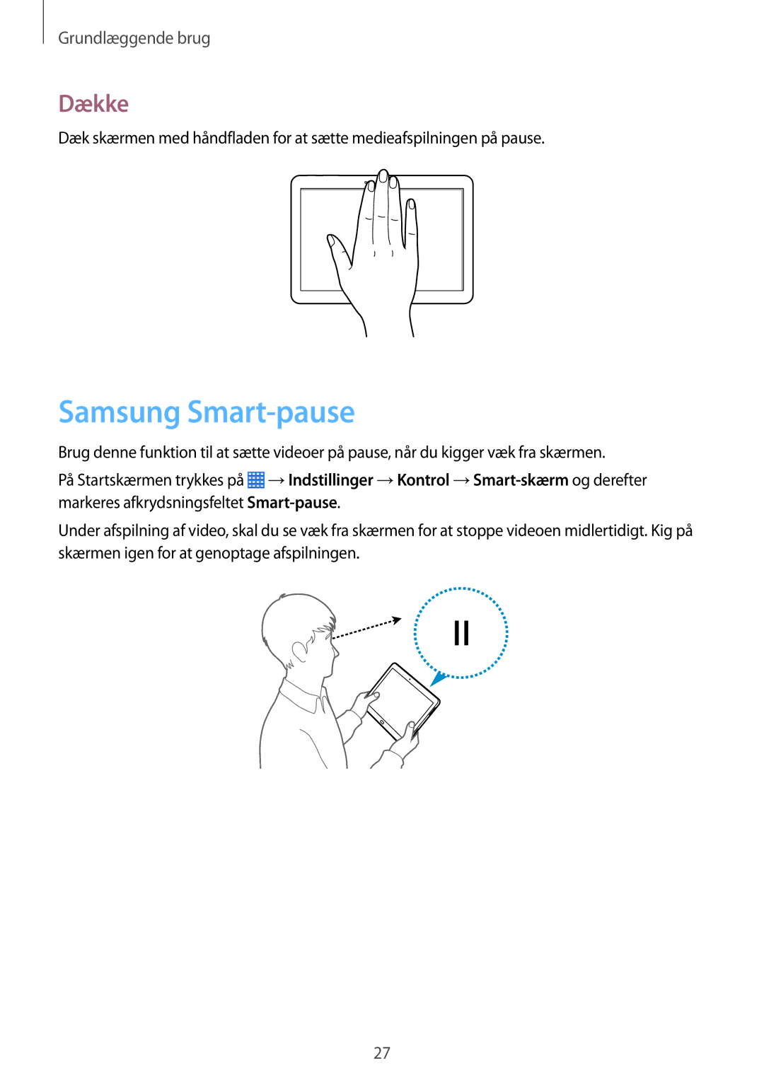 Samsung SM-P6050ZKENEE, SM-P6050ZWLNEE, SM-P6050ZKLNEE, SM-P6050ZKANEE, SM-P6050ZWANEE manual Samsung Smart-pause, Dække 