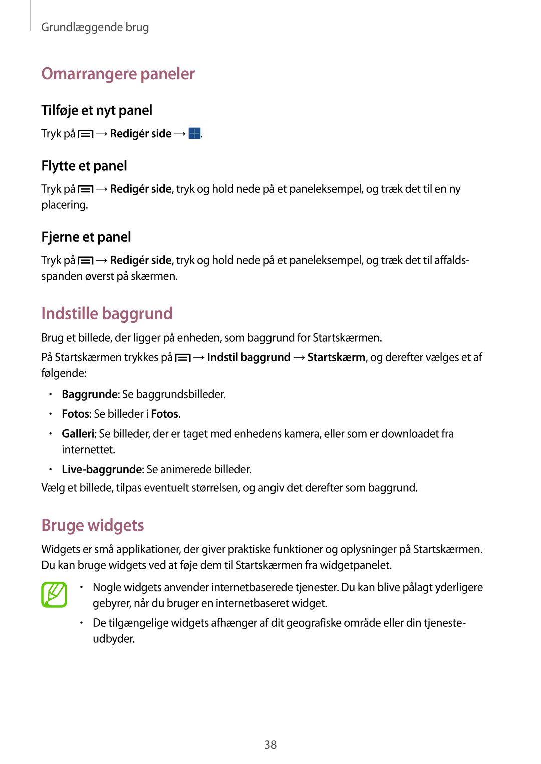 Samsung SM-P6050ZKANEE, SM-P6050ZWLNEE, SM-P6050ZKLNEE manual Omarrangere paneler, Indstille baggrund, Bruge widgets 