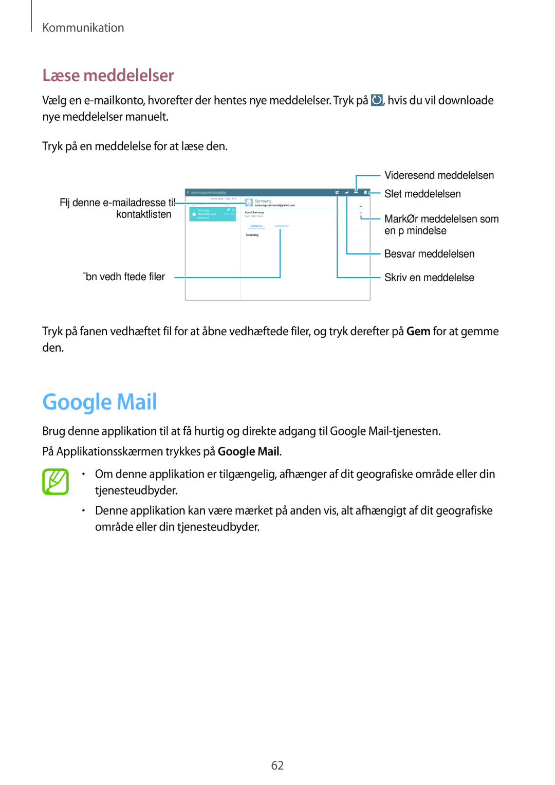 Samsung SM-P6050ZKANEE, SM-P6050ZWLNEE, SM-P6050ZKLNEE, SM-P6050ZKENEE, SM-P6050ZWANEE manual Google Mail, Læse meddelelser 