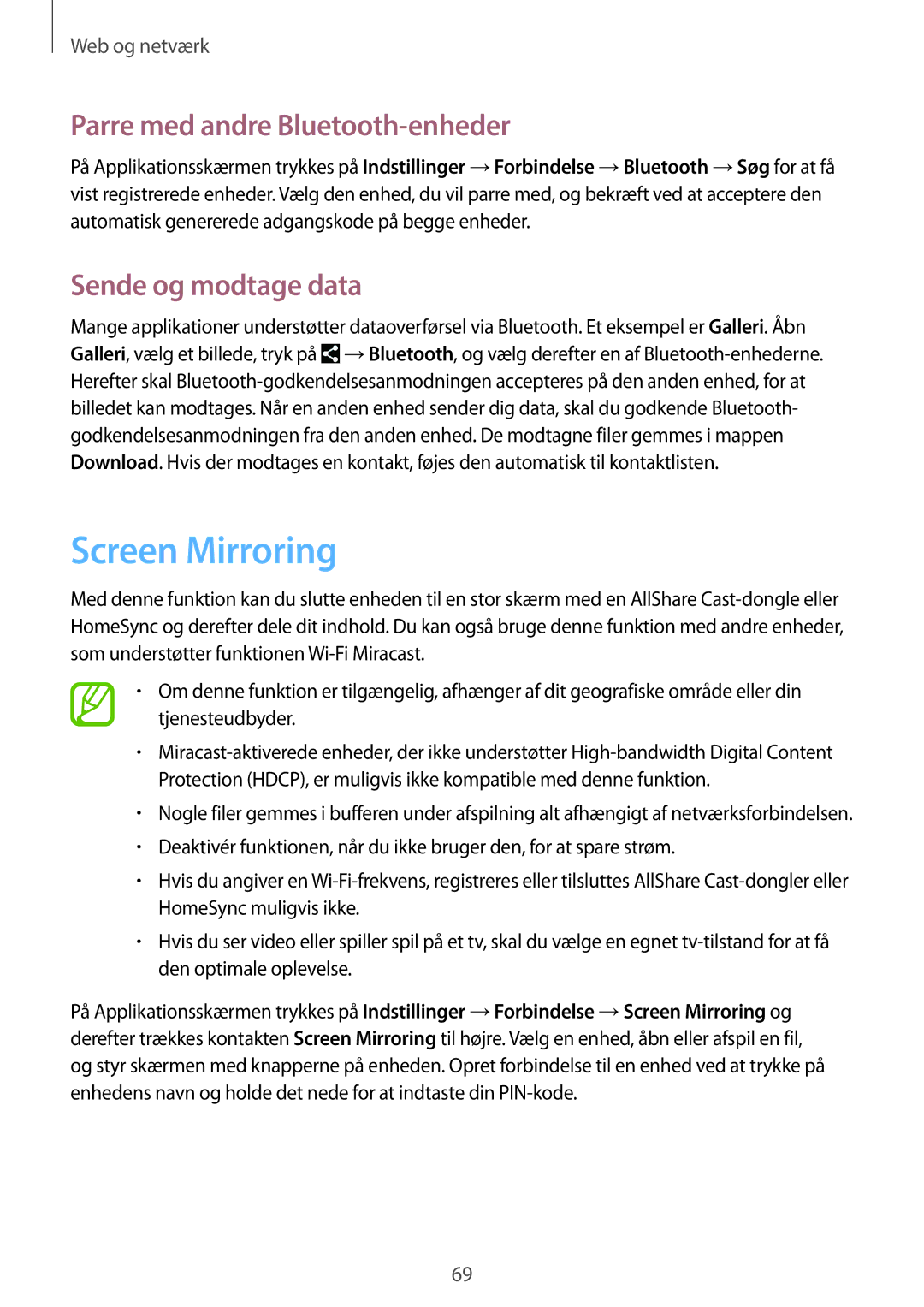 Samsung SM-P6050ZKENEE, SM-P6050ZWLNEE manual Screen Mirroring, Parre med andre Bluetooth-enheder, Sende og modtage data 