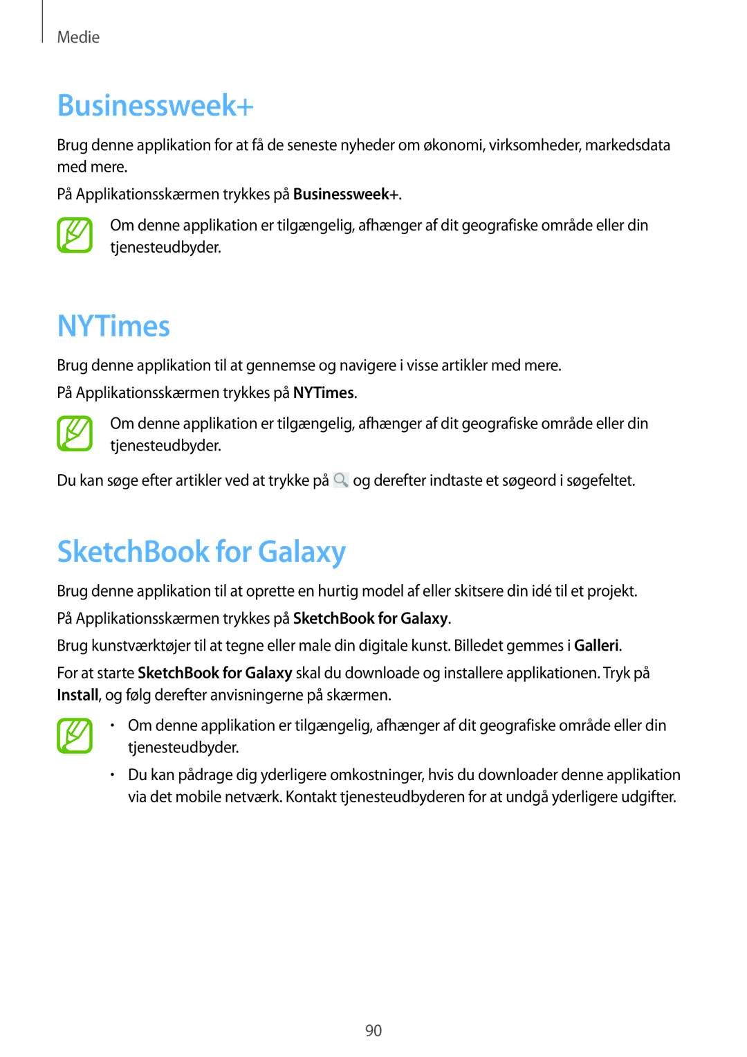 Samsung SM-P6050ZWLNEE, SM-P6050ZKLNEE, SM-P6050ZKANEE, SM-P6050ZKENEE manual Businessweek+, NYTimes, SketchBook for Galaxy 