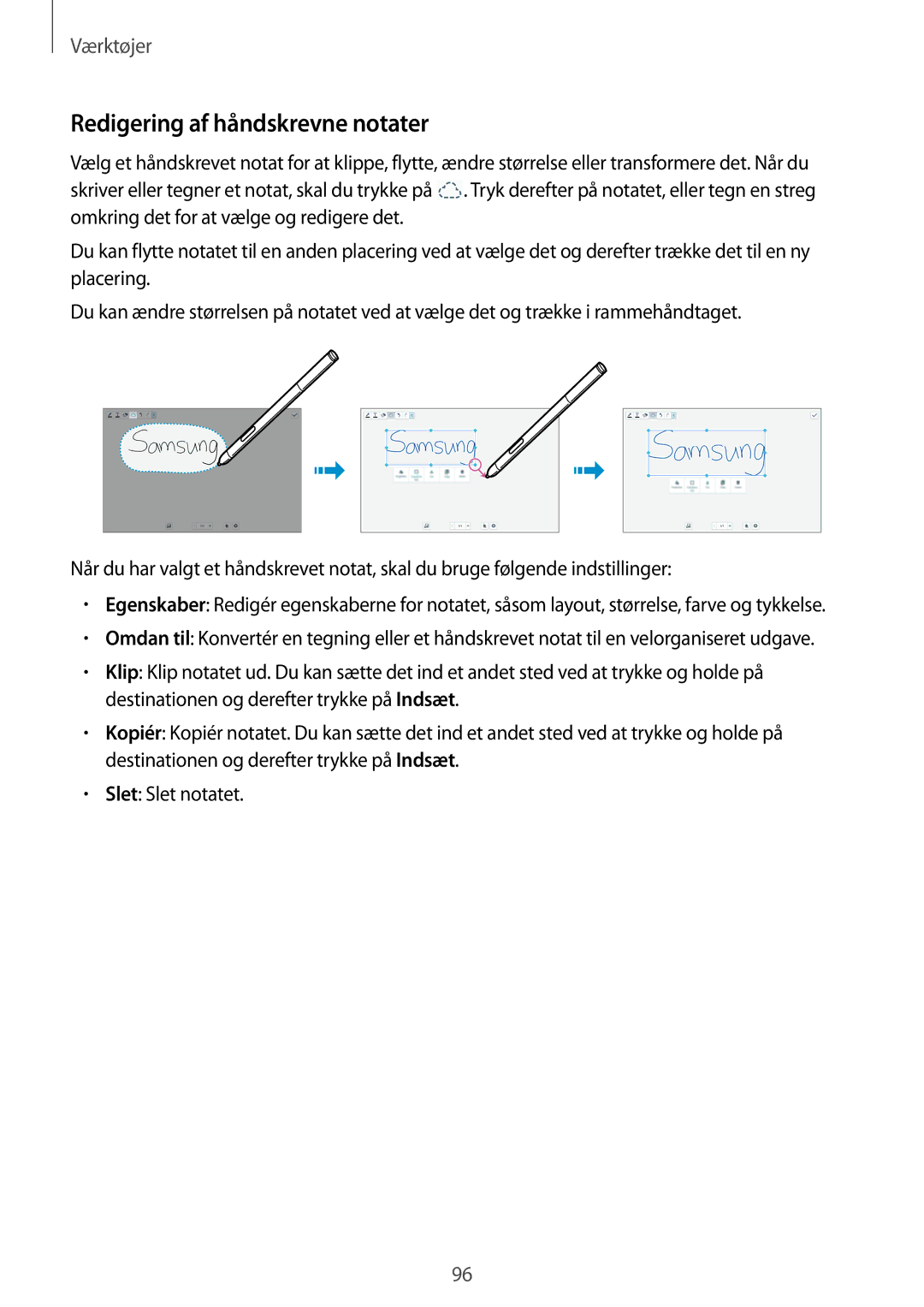 Samsung SM-P6050ZWLNEE, SM-P6050ZKLNEE, SM-P6050ZKANEE, SM-P6050ZKENEE, SM-P6050ZWANEE manual Redigering af håndskrevne notater 