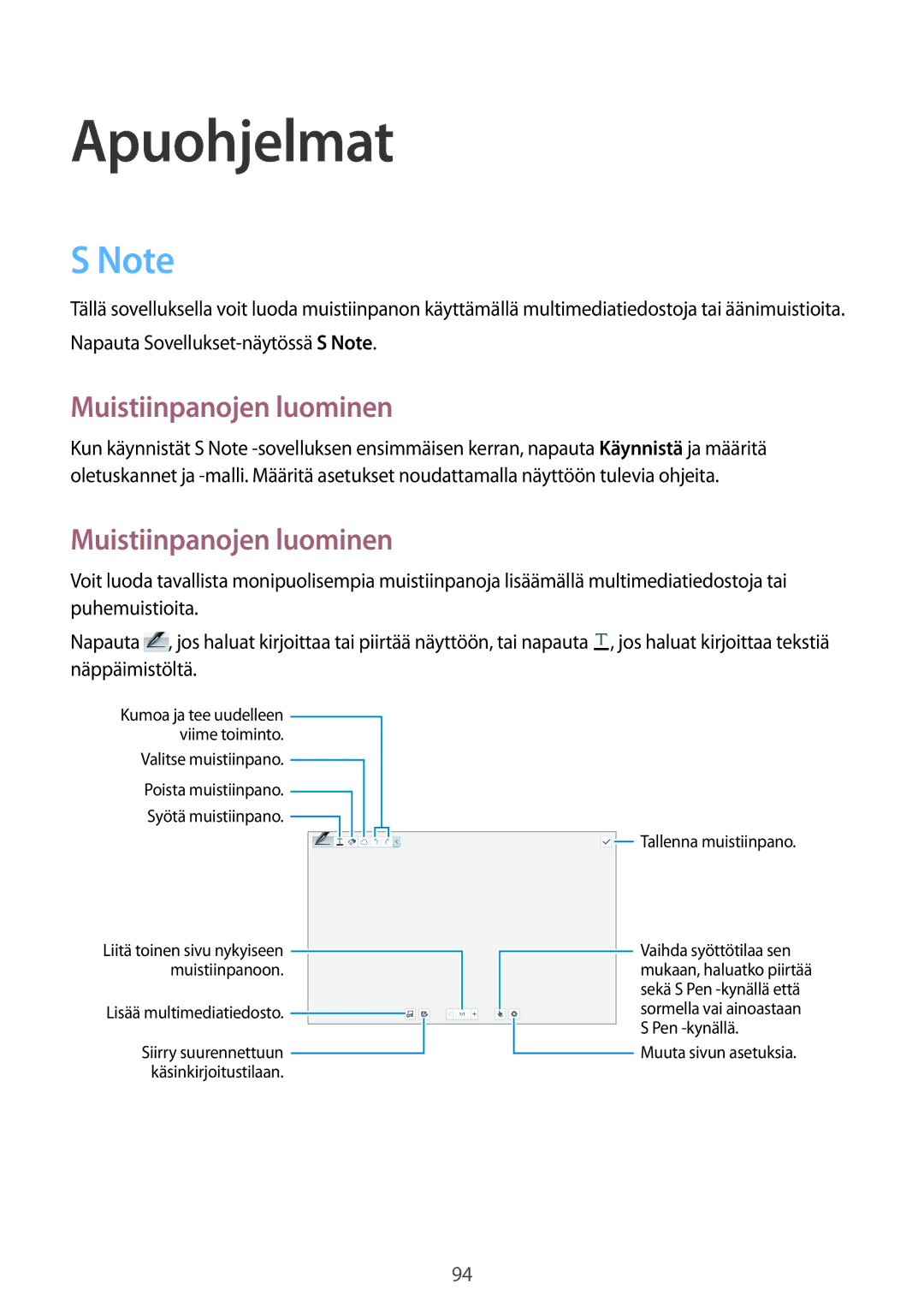 Samsung SM-P6050ZWANEE, SM-P6050ZWLNEE, SM-P6050ZKLNEE, SM-P6050ZKANEE, SM-P6050ZKENEE Apuohjelmat, Muistiinpanojen luominen 