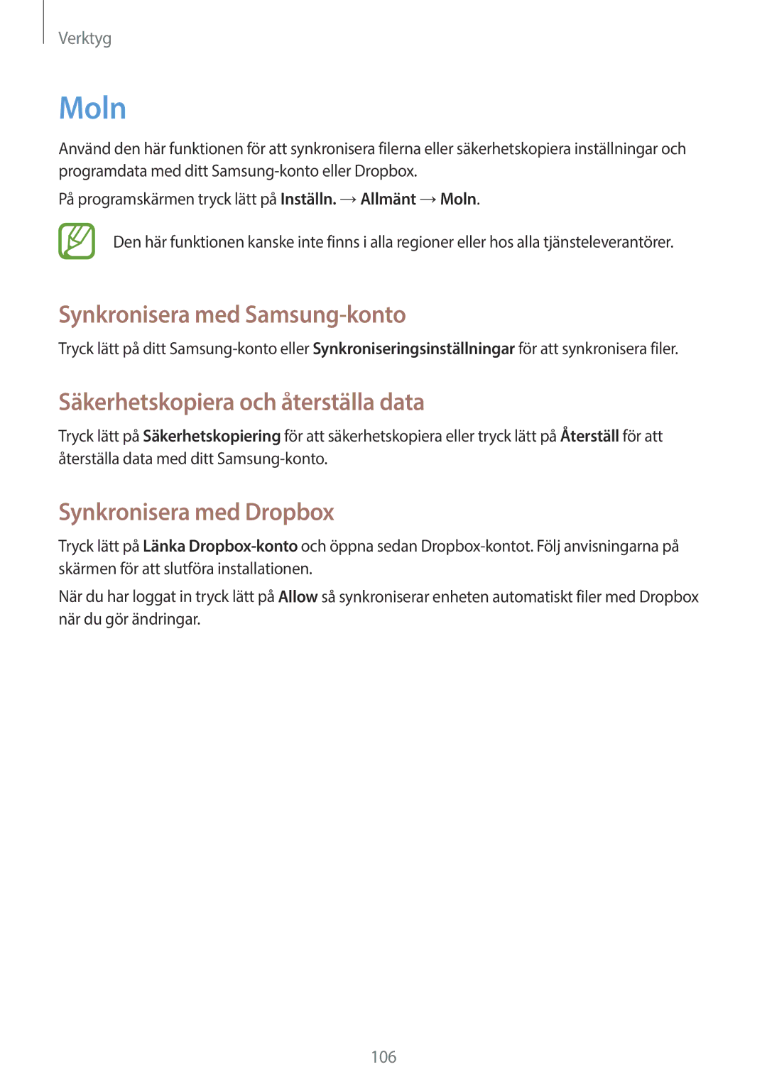 Samsung SM-P6050ZWANEE, SM-P6050ZWLNEE manual Moln, Synkronisera med Samsung-konto, Säkerhetskopiera och återställa data 