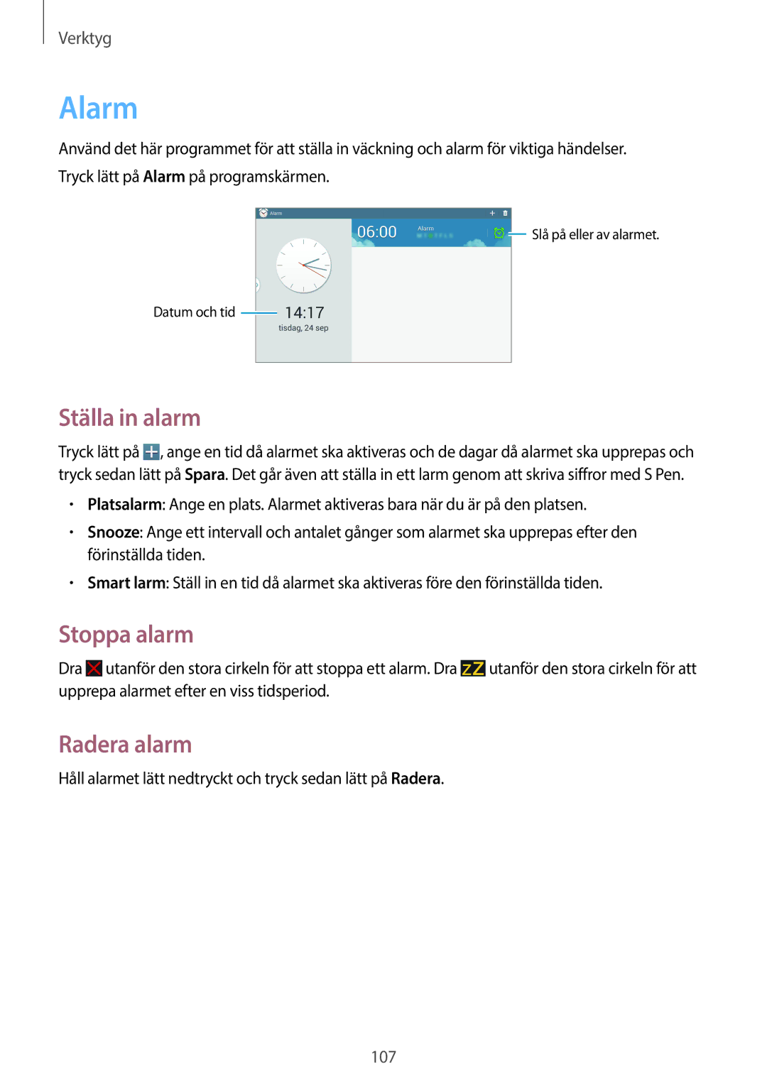 Samsung SM-P6050ZWENEE, SM-P6050ZWLNEE, SM-P6050ZKLNEE, SM-P6050ZKANEE Alarm, Ställa in alarm, Stoppa alarm, Radera alarm 