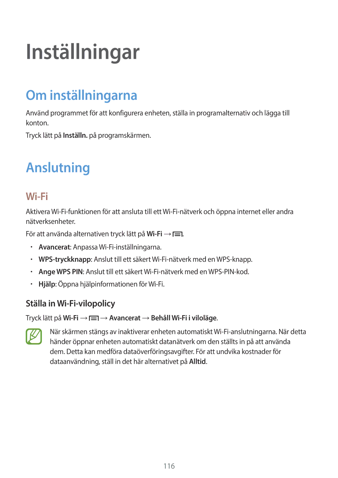 Samsung SM-P6050ZKANEE, SM-P6050ZWLNEE manual Inställningar, Om inställningarna, Anslutning, Ställa in Wi-Fi-vilopolicy 