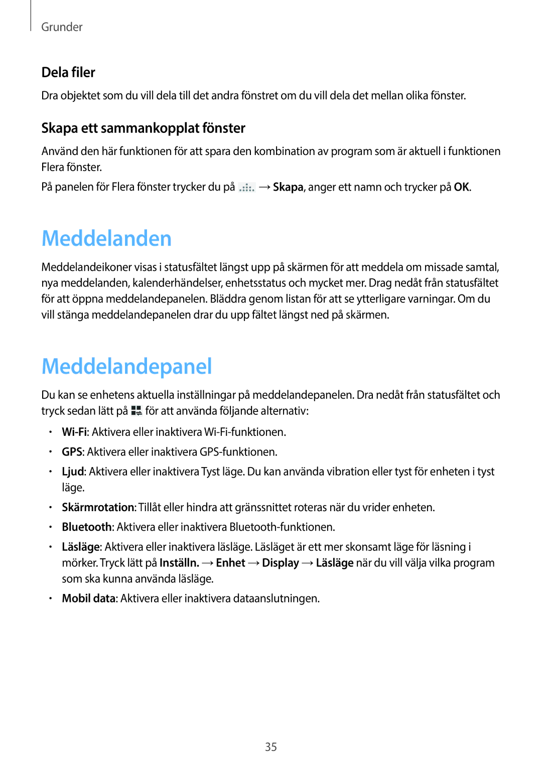 Samsung SM-P6050ZWENEE, SM-P6050ZWLNEE manual Meddelanden, Meddelandepanel, Dela filer, Skapa ett sammankopplat fönster 