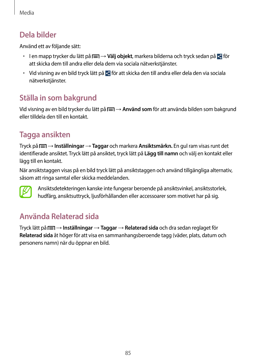 Samsung SM-P6050ZKLNEE, SM-P6050ZWLNEE manual Dela bilder, Ställa in som bakgrund, Tagga ansikten, Använda Relaterad sida 