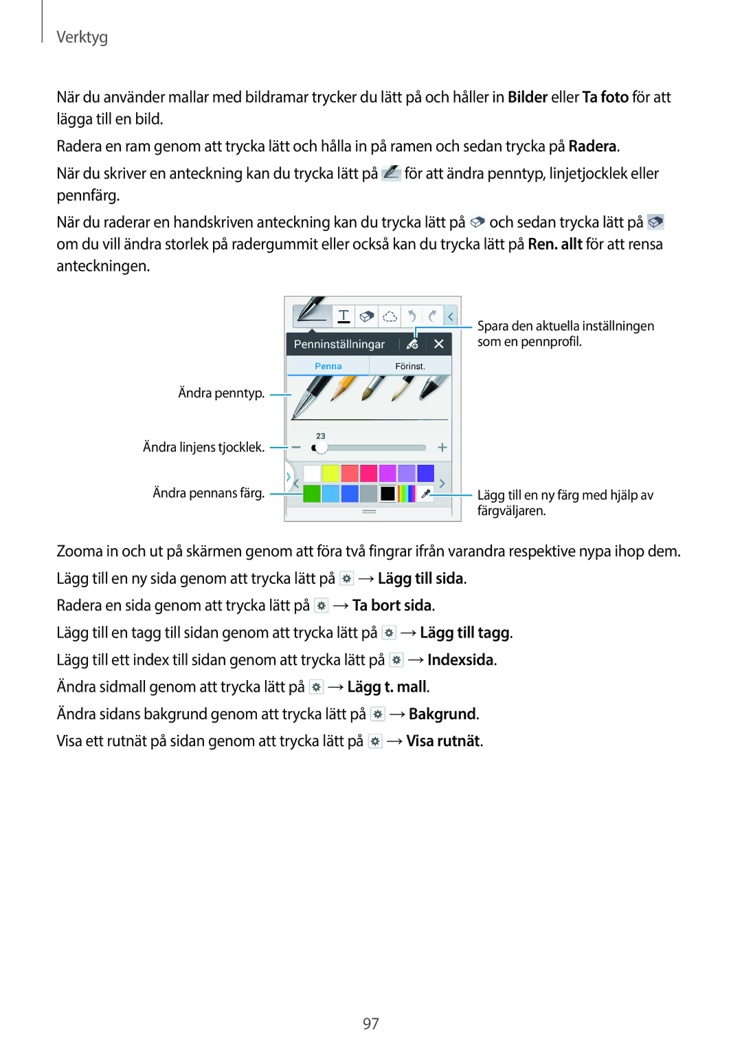 Samsung SM-P6050ZKLNEE, SM-P6050ZWLNEE, SM-P6050ZKANEE, SM-P6050ZKENEE manual →Ta bort sida, →Indexsida, →Lägg t. mall 