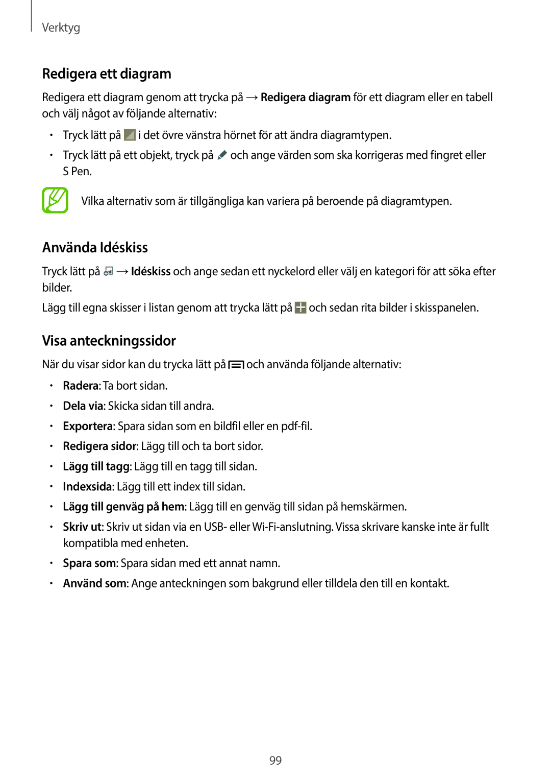 Samsung SM-P6050ZKENEE, SM-P6050ZWLNEE, SM-P6050ZKLNEE manual Redigera ett diagram, Använda Idéskiss, Visa anteckningssidor 