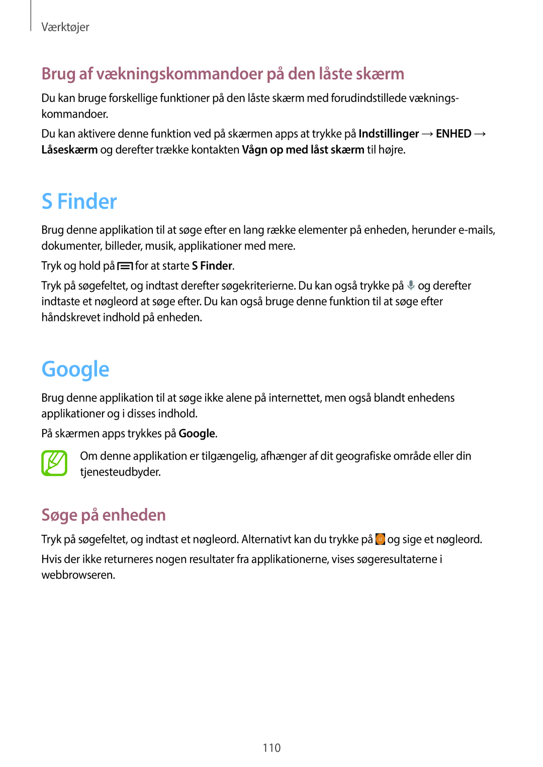 Samsung SM-P6050ZKANEE, SM-P6050ZWLNEE manual Finder, Google, Brug af vækningskommandoer på den låste skærm, Søge på enheden 