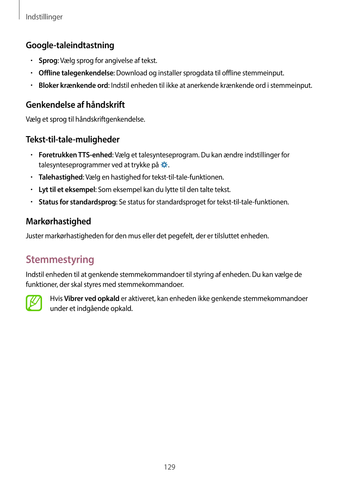 Samsung SM-P6050ZKENEE manual Stemmestyring, Google-taleindtastning, Genkendelse af håndskrift, Tekst-til-tale-muligheder 