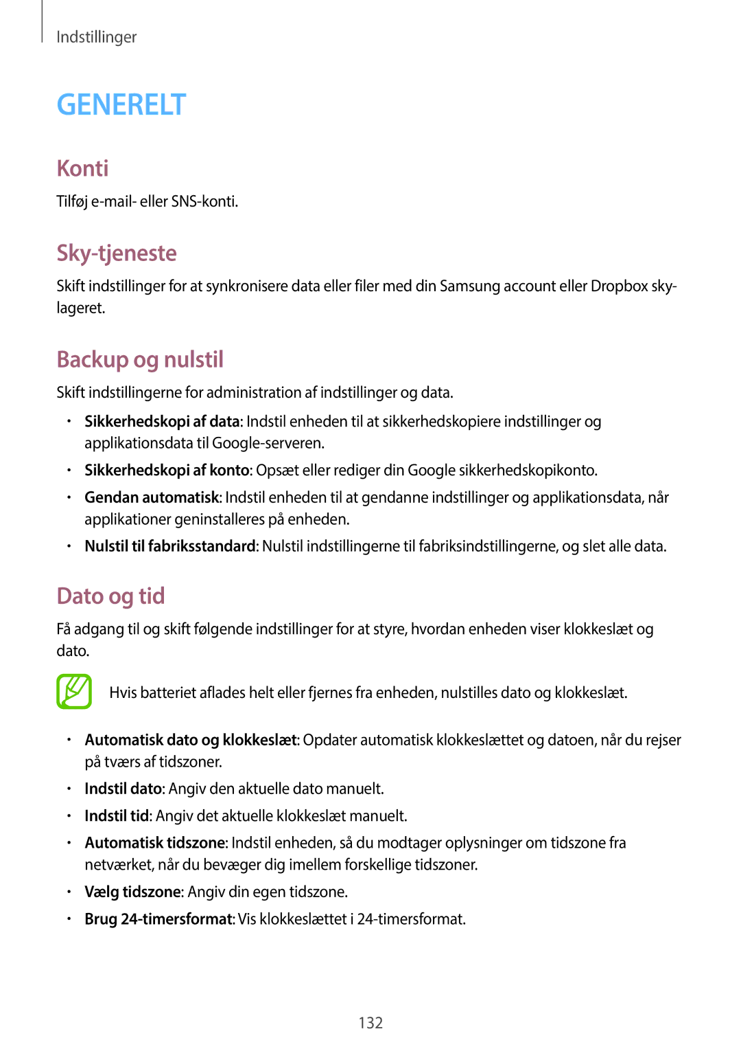 Samsung SM-P6050ZWLNEE, SM-P6050ZKLNEE, SM-P6050ZKANEE, SM-P6050ZKENEE Konti, Sky-tjeneste, Backup og nulstil, Dato og tid 