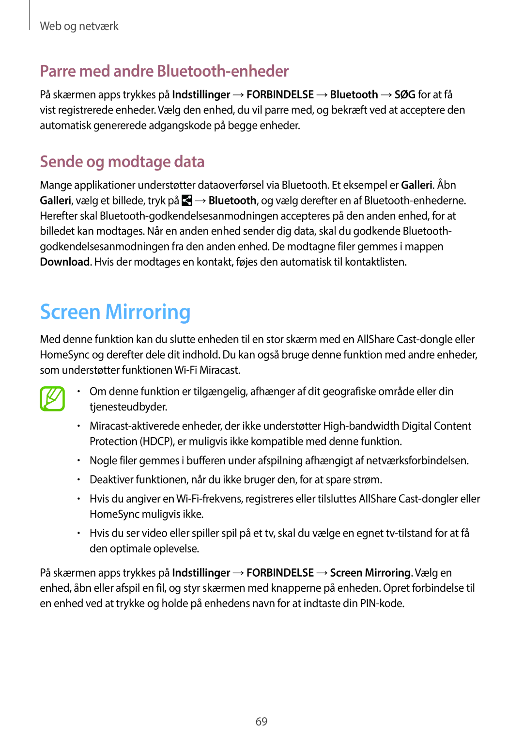 Samsung SM-P6050ZKENEE, SM-P6050ZWLNEE manual Screen Mirroring, Parre med andre Bluetooth-enheder, Sende og modtage data 