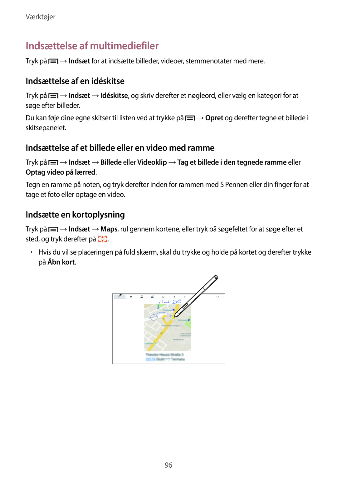 Samsung SM-P6050ZWLNEE manual Indsættelse af multimediefiler, Indsættelse af en idéskitse, Indsætte en kortoplysning 