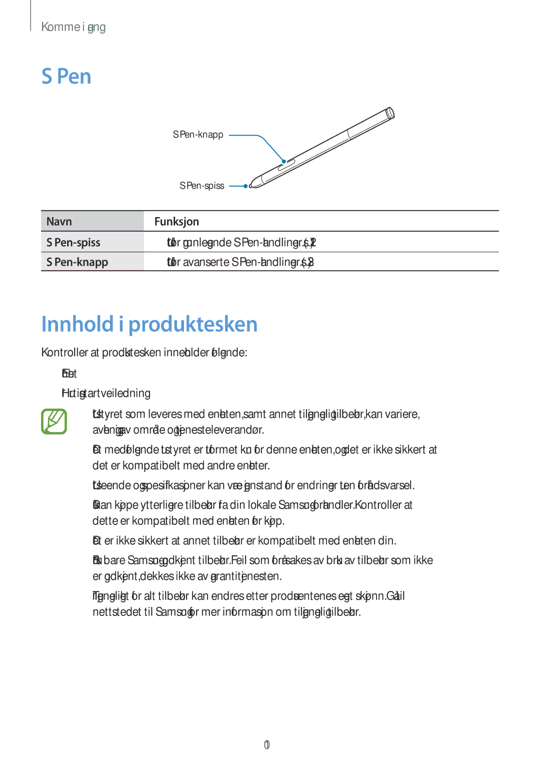 Samsung SM-P6050ZWANEE, SM-P6050ZWLNEE, SM-P6050ZKLNEE, SM-P6050ZKANEE, SM-P6050ZKENEE manual Pen, Innhold i produktesken 