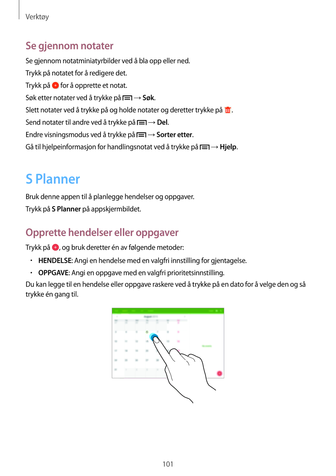 Samsung SM-P6050ZWENEE, SM-P6050ZWLNEE, SM-P6050ZKLNEE manual Planner, Se gjennom notater, Opprette hendelser eller oppgaver 