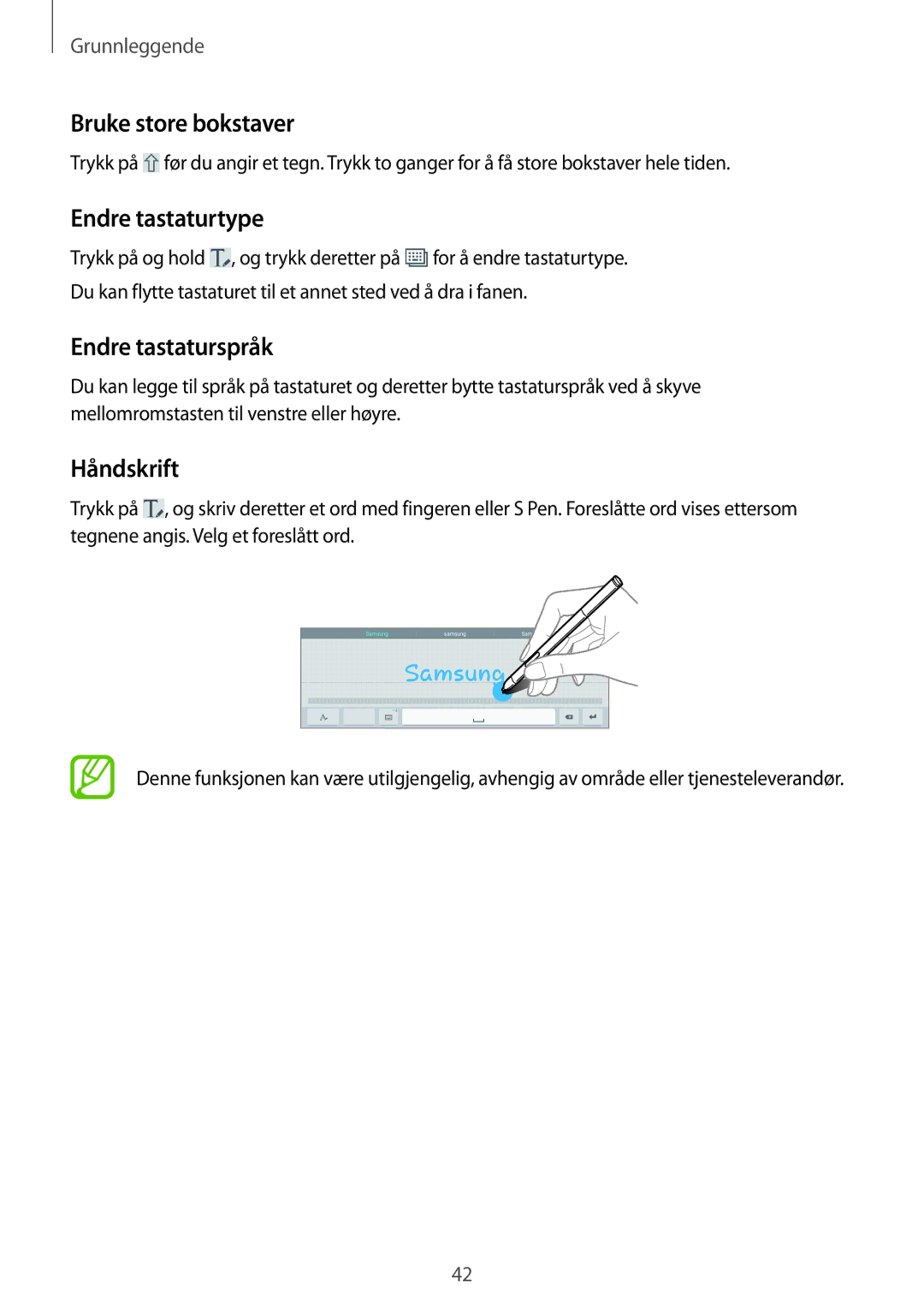 Samsung SM-P6050ZWLNEE, SM-P6050ZKLNEE manual Bruke store bokstaver, Endre tastaturtype, Endre tastaturspråk, Håndskrift 