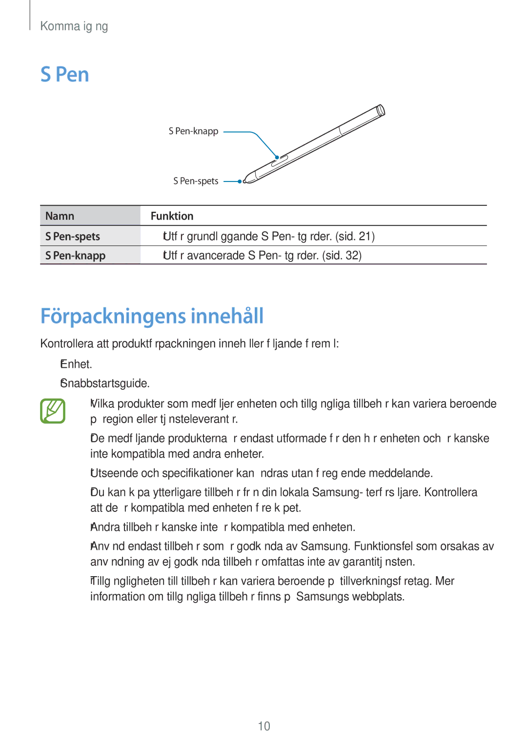 Samsung SM-P6050ZWANEE, SM-P6050ZWLNEE, SM-P6050ZKLNEE, SM-P6050ZKANEE, SM-P6050ZKENEE manual Pen, Förpackningens innehåll 