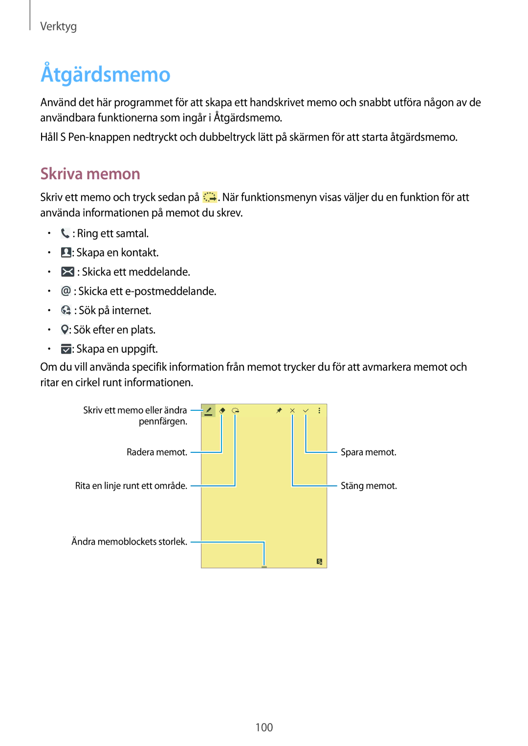 Samsung SM-P6050ZWANEE, SM-P6050ZWLNEE, SM-P6050ZKLNEE, SM-P6050ZKANEE, SM-P6050ZKENEE manual Åtgärdsmemo, Skriva memon 