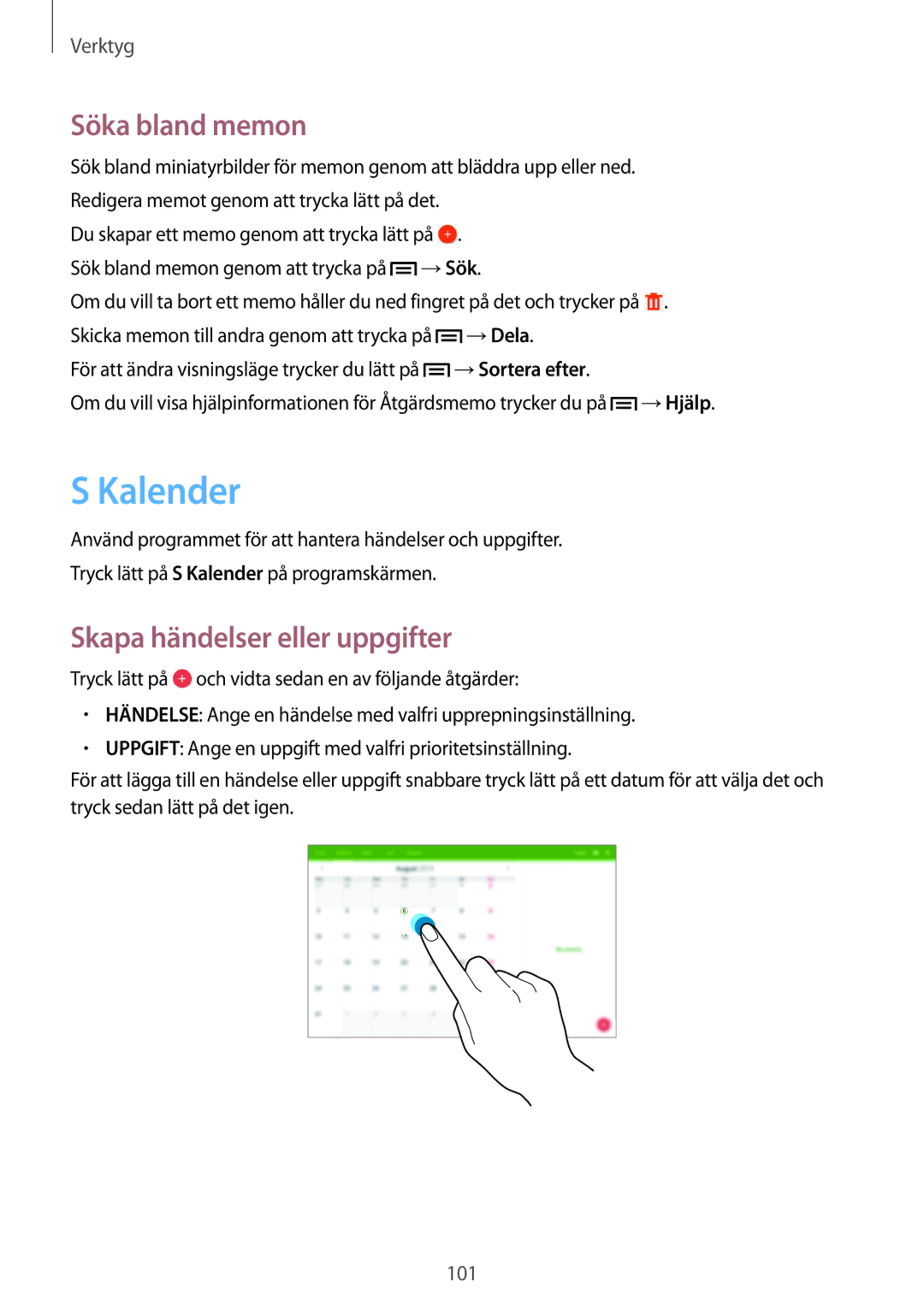 Samsung SM-P6050ZWENEE, SM-P6050ZWLNEE, SM-P6050ZKLNEE manual Kalender, Söka bland memon, Skapa händelser eller uppgifter 