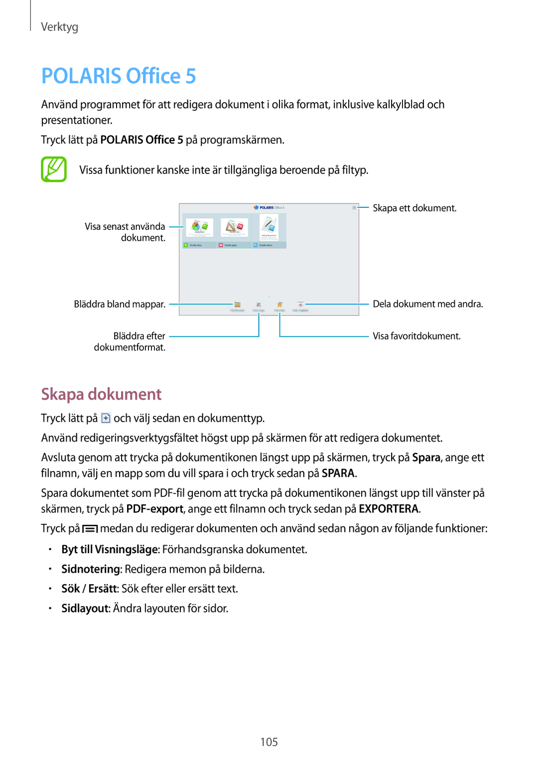 Samsung SM-P6050ZKENEE, SM-P6050ZWLNEE, SM-P6050ZKLNEE, SM-P6050ZKANEE, SM-P6050ZWANEE manual Polaris Office, Skapa dokument 