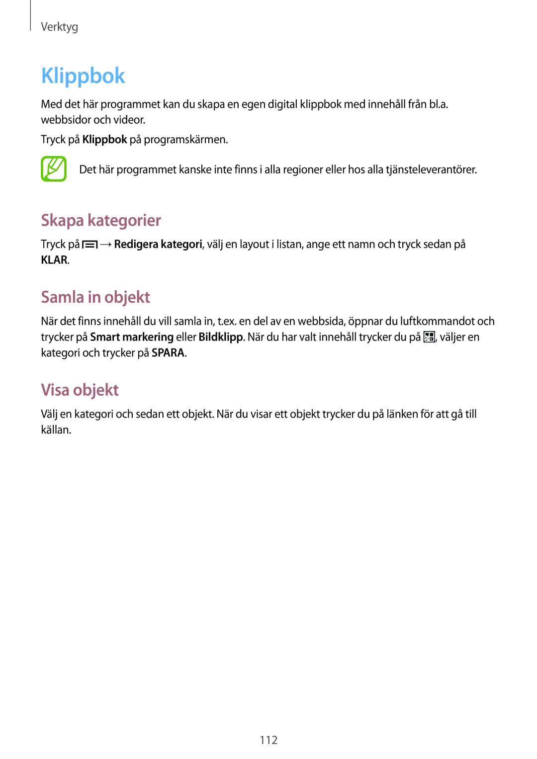 Samsung SM-P6050ZWANEE, SM-P6050ZWLNEE, SM-P6050ZKLNEE manual Klippbok, Skapa kategorier, Samla in objekt, Visa objekt 