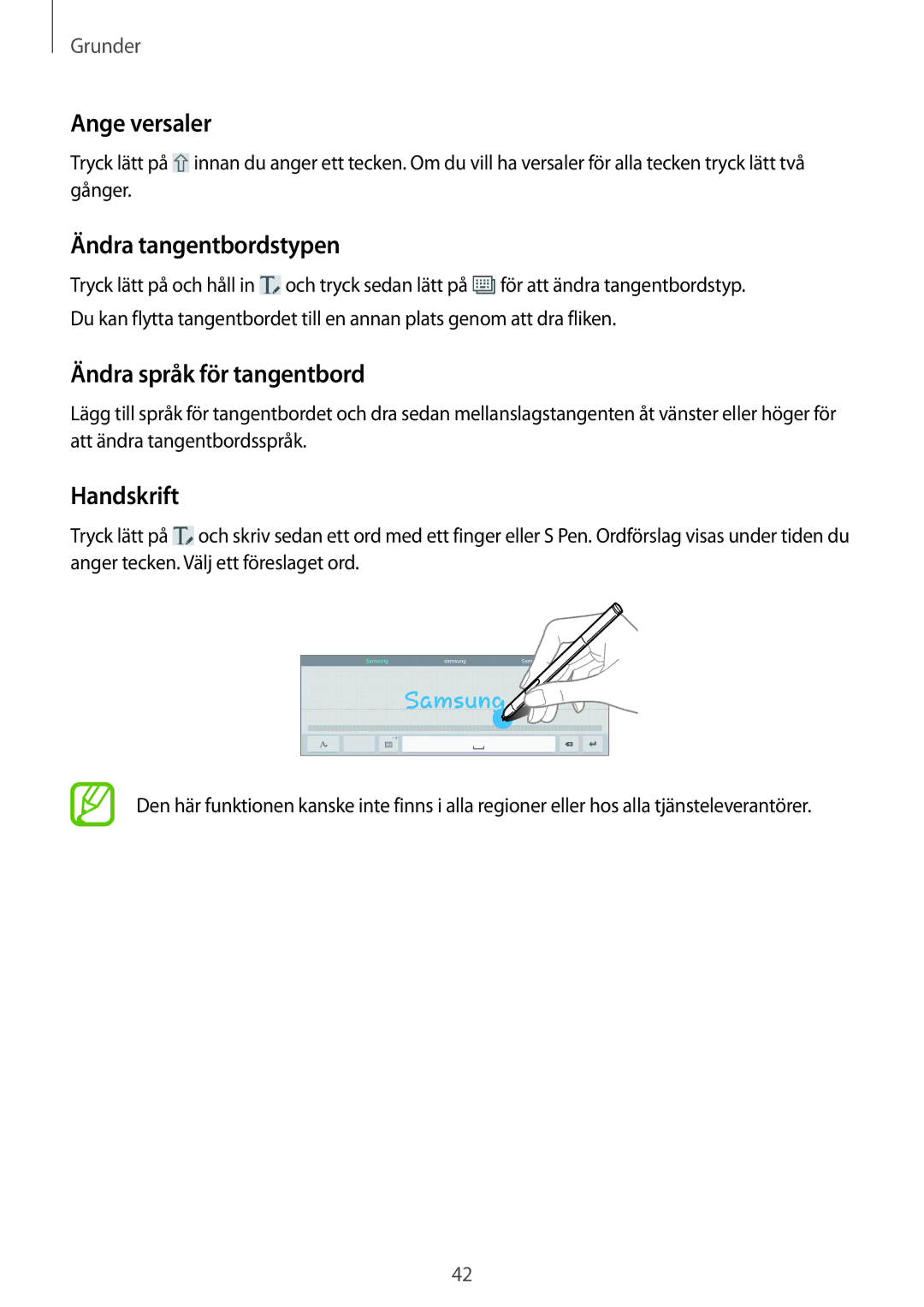 Samsung SM-P6050ZWLNEE, SM-P6050ZKLNEE Ange versaler, Ändra tangentbordstypen, Ändra språk för tangentbord, Handskrift 