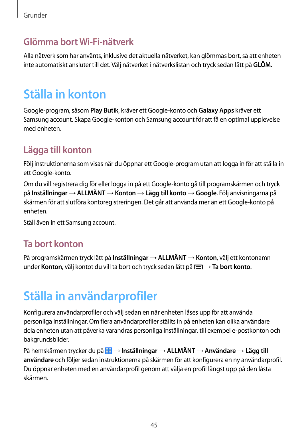 Samsung SM-P6050ZKENEE manual Ställa in konton, Ställa in användarprofiler, Glömma bort Wi-Fi-nätverk, Lägga till konton 