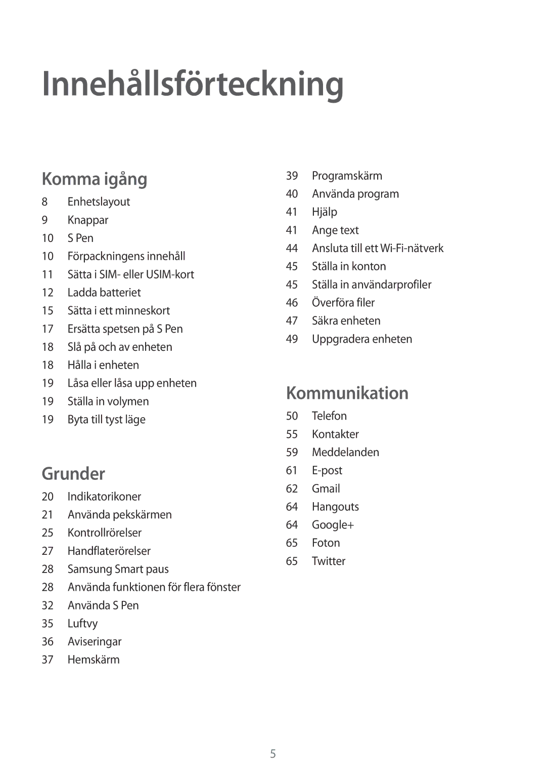 Samsung SM-P6050ZWENEE, SM-P6050ZWLNEE, SM-P6050ZKLNEE, SM-P6050ZKANEE, SM-P6050ZKENEE manual Innehållsförteckning, Komma igång 