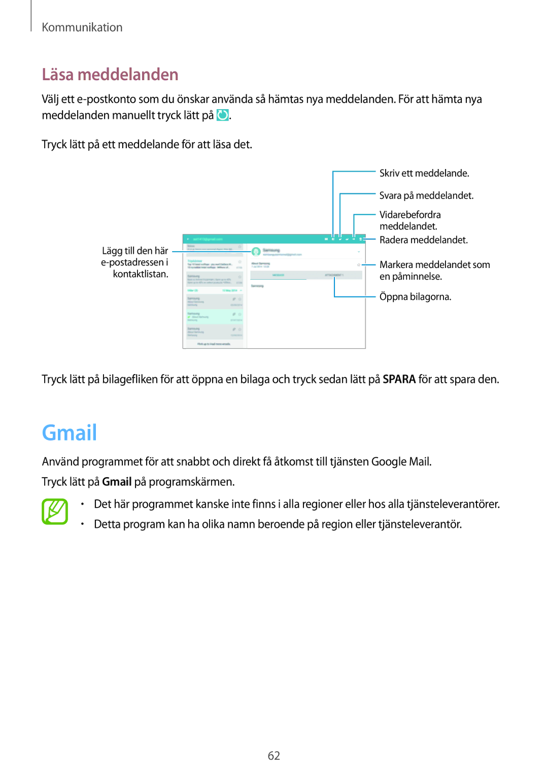 Samsung SM-P6050ZKANEE, SM-P6050ZWLNEE, SM-P6050ZKLNEE, SM-P6050ZKENEE, SM-P6050ZWANEE, SM-P6050ZWENEE Gmail, Läsa meddelanden 