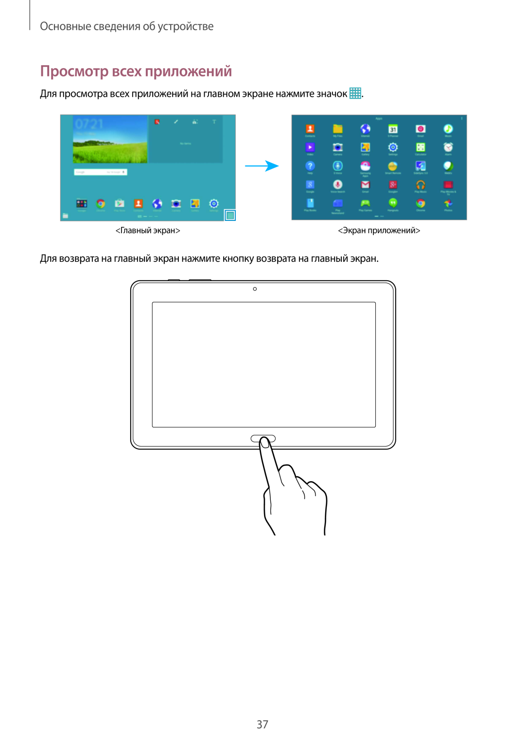 Samsung SM-P9000ZWASEB manual Просмотр всех приложений, Основные сведения об устройстве, Главный экран, Экран приложений 
