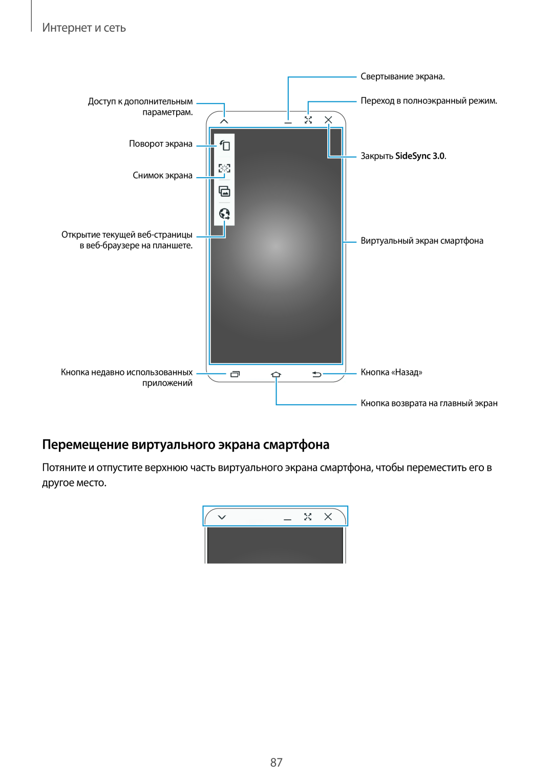 Samsung SM-P9000ZKASER manual Перемещение виртуального экрана смартфона, Интернет и сеть, Поворот экрана Снимок экрана 