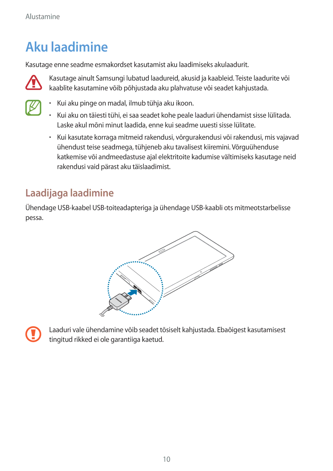 Samsung SM-P9000ZKASEB, SM-P9000ZWASEB manual Aku laadimine, Laadijaga laadimine 