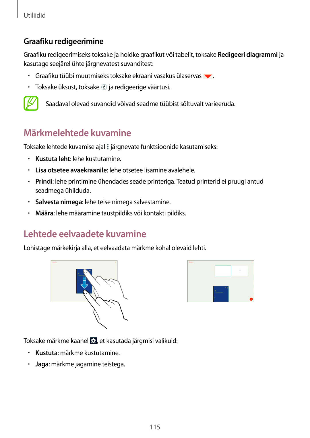 Samsung SM-P9000ZWASEB, SM-P9000ZKASEB manual Märkmelehtede kuvamine, Lehtede eelvaadete kuvamine, Graafiku redigeerimine 