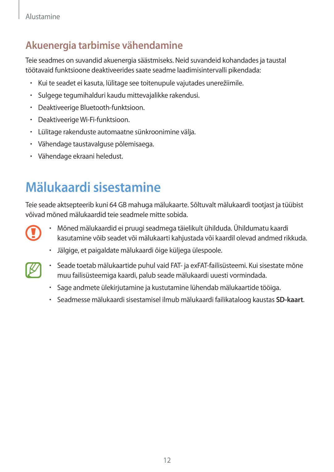 Samsung SM-P9000ZKASEB, SM-P9000ZWASEB manual Mälukaardi sisestamine, Akuenergia tarbimise vähendamine 