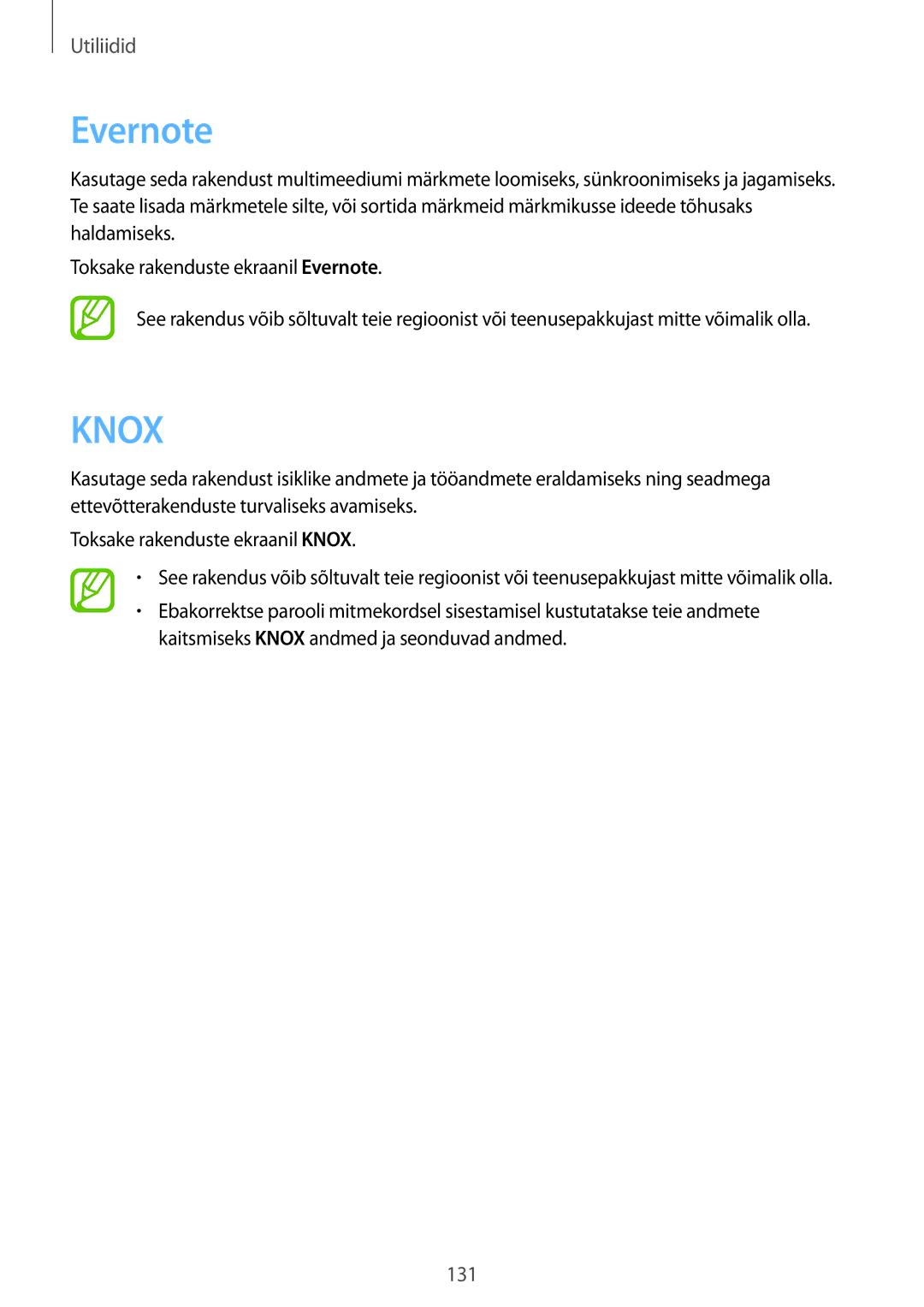 Samsung SM-P9000ZWASEB, SM-P9000ZKASEB manual Evernote, Knox 