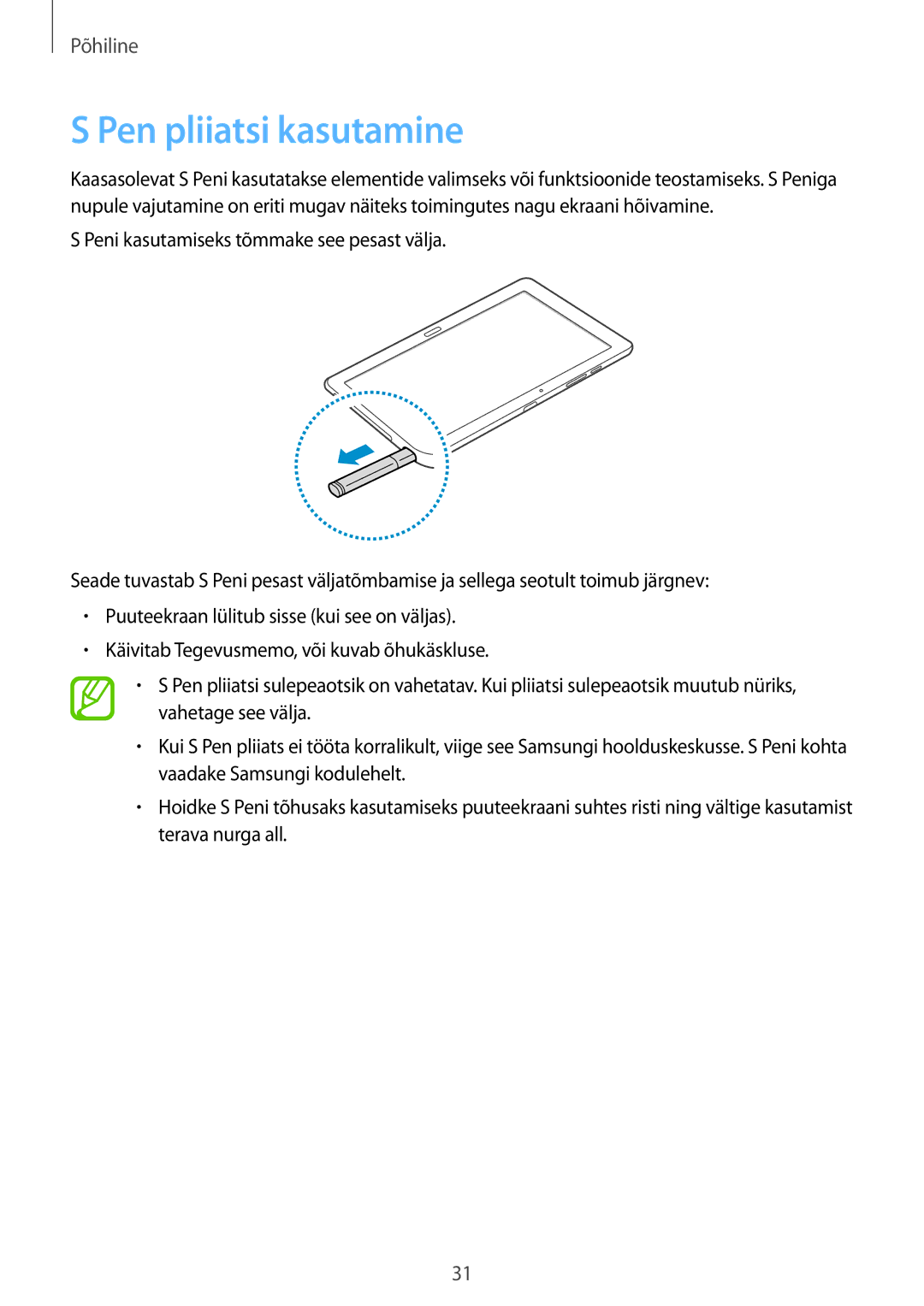 Samsung SM-P9000ZWASEB, SM-P9000ZKASEB manual Pen pliiatsi kasutamine 