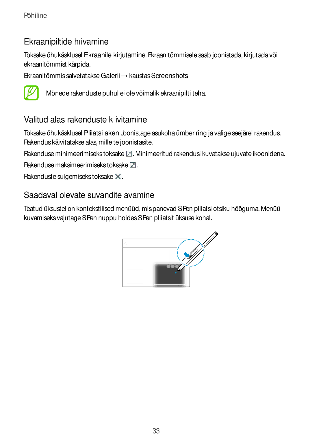 Samsung SM-P9000ZWASEB Ekraanipiltide hõivamine, Valitud alas rakenduste käivitamine, Saadaval olevate suvandite avamine 