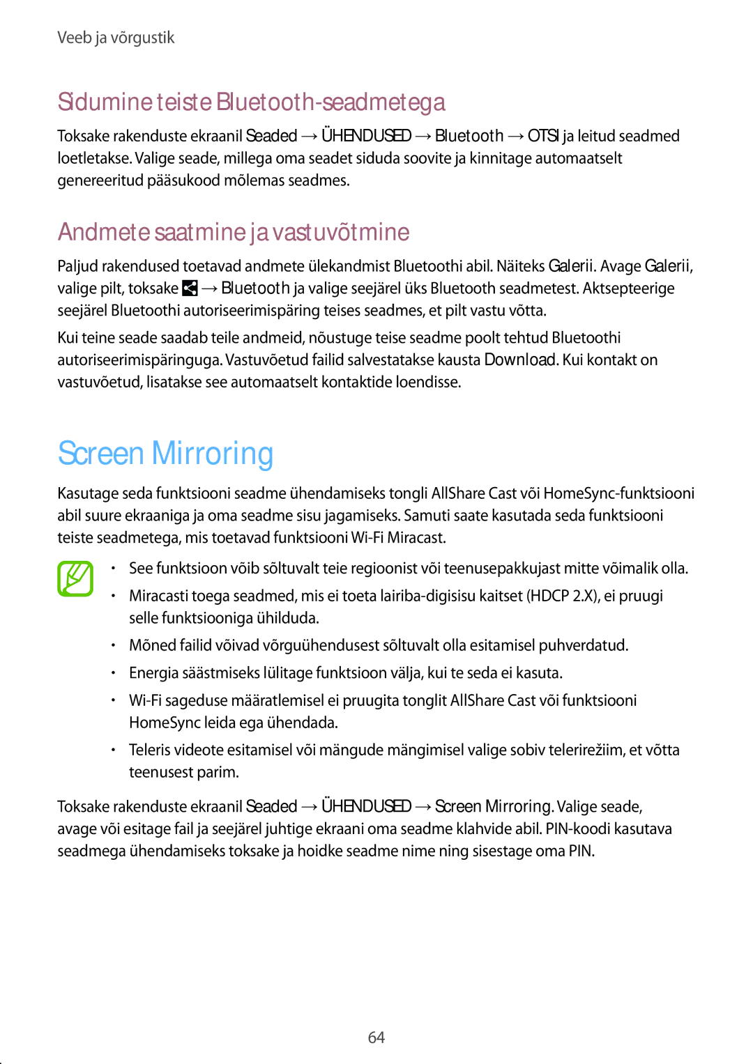 Samsung SM-P9000ZKASEB manual Screen Mirroring, Sidumine teiste Bluetooth-seadmetega, Andmete saatmine ja vastuvõtmine 