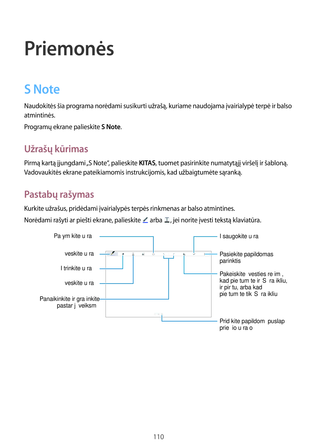 Samsung SM-P9000ZKASEB, SM-P9000ZWASEB manual Užrašų kūrimas, Pastabų rašymas 