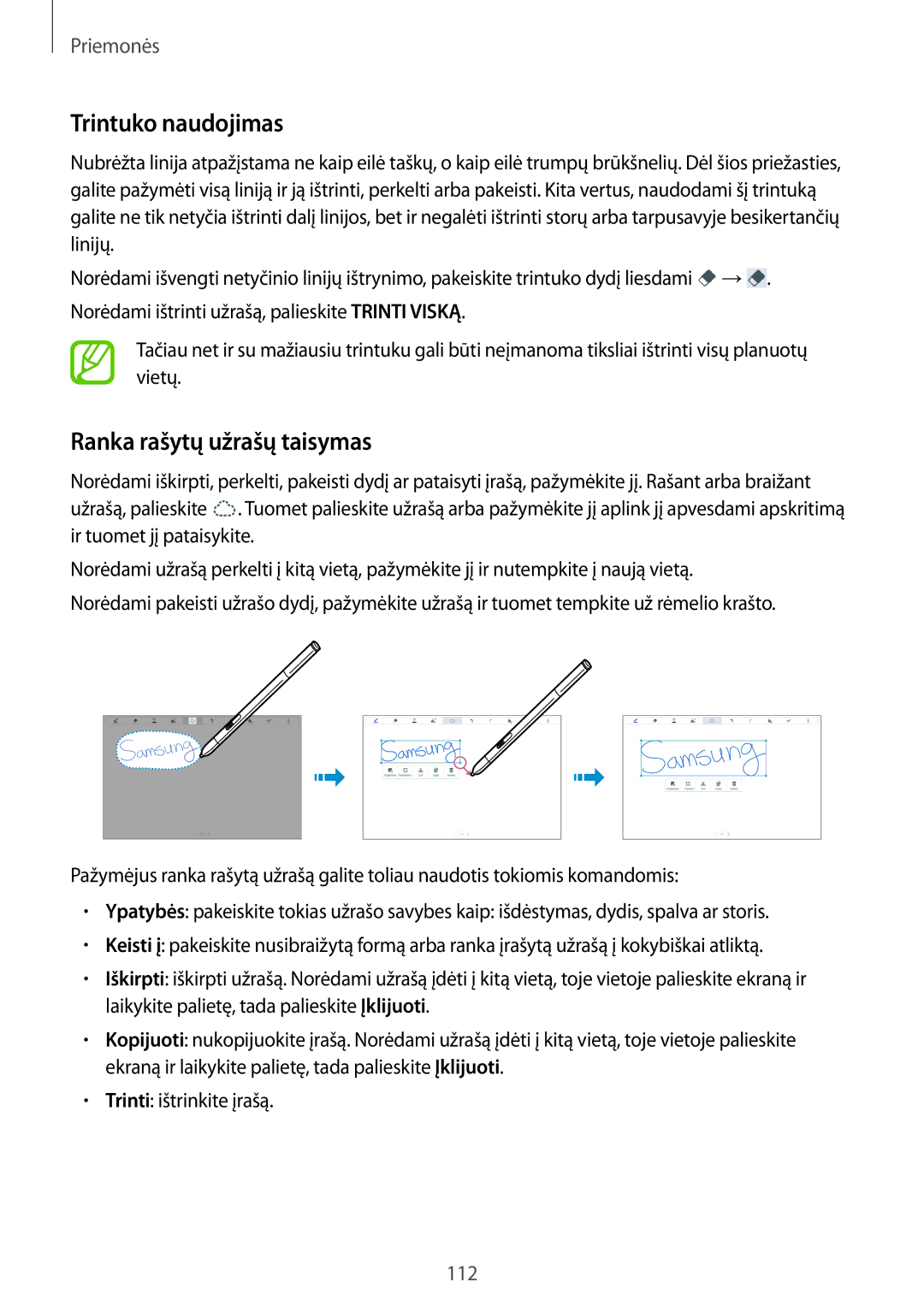 Samsung SM-P9000ZKASEB, SM-P9000ZWASEB manual Trintuko naudojimas, Ranka rašytų užrašų taisymas 