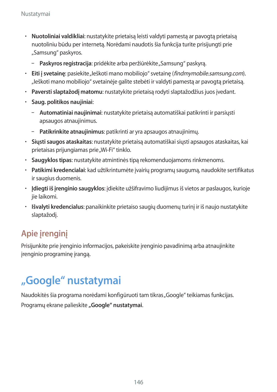 Samsung SM-P9000ZKASEB, SM-P9000ZWASEB manual „Google nustatymai, Apie įrenginį, Saug. politikos naujiniai 