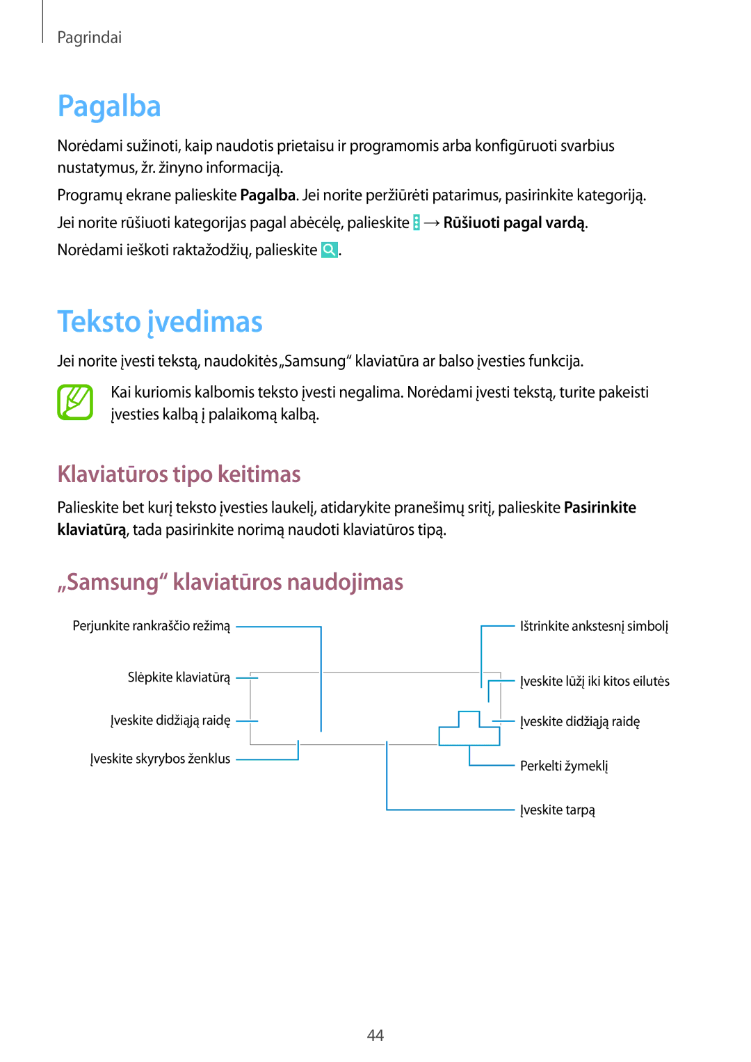 Samsung SM-P9000ZKASEB manual Pagalba, Teksto įvedimas, Klaviatūros tipo keitimas, „Samsung klaviatūros naudojimas 