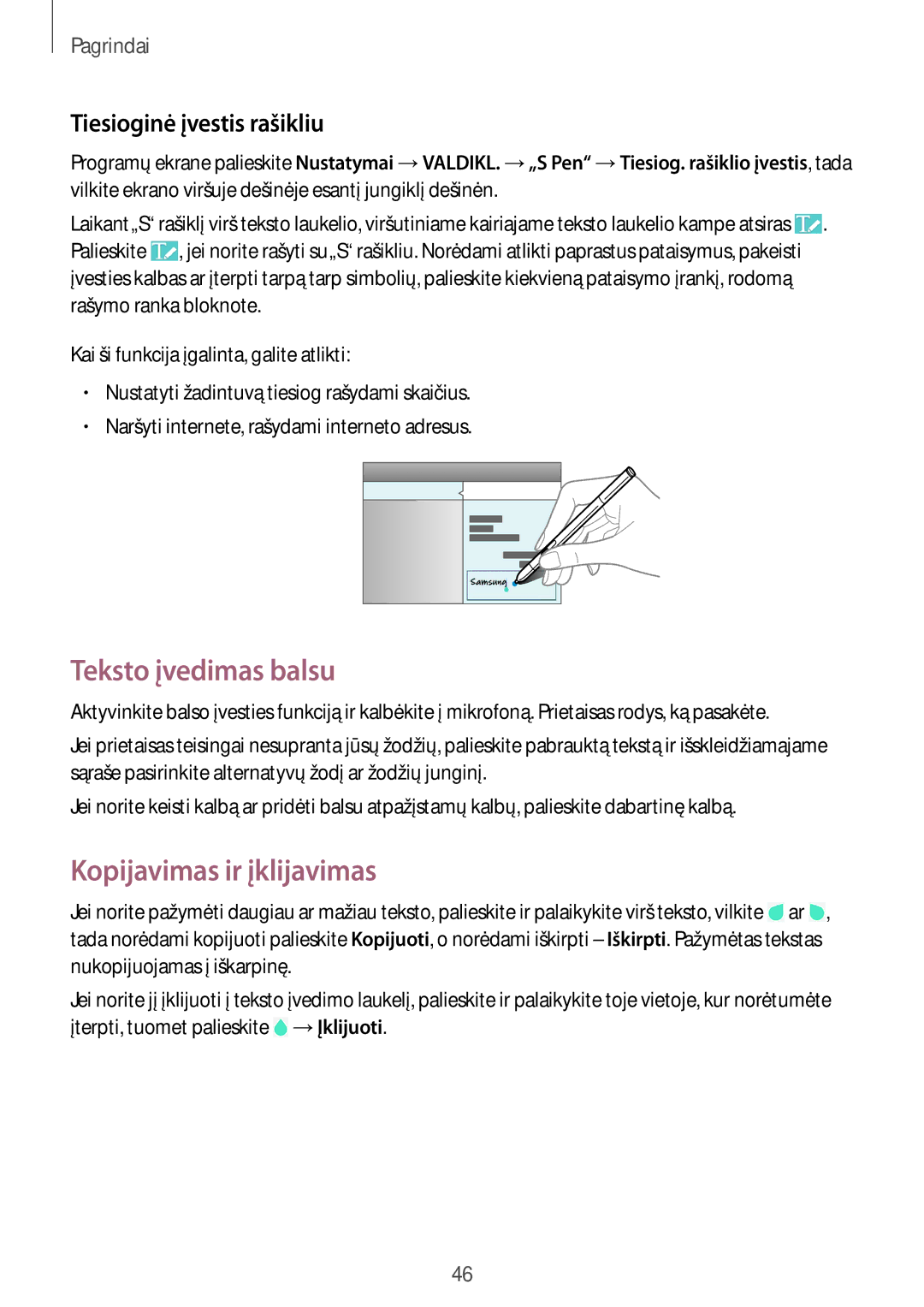 Samsung SM-P9000ZKASEB, SM-P9000ZWASEB manual Teksto įvedimas balsu, Kopijavimas ir įklijavimas, Tiesioginė įvestis rašikliu 