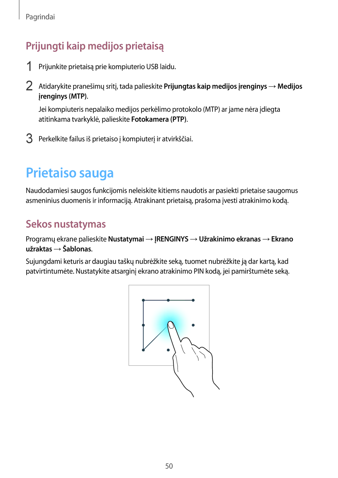 Samsung SM-P9000ZKASEB, SM-P9000ZWASEB manual Prietaiso sauga, Prijungti kaip medijos prietaisą, Sekos nustatymas 