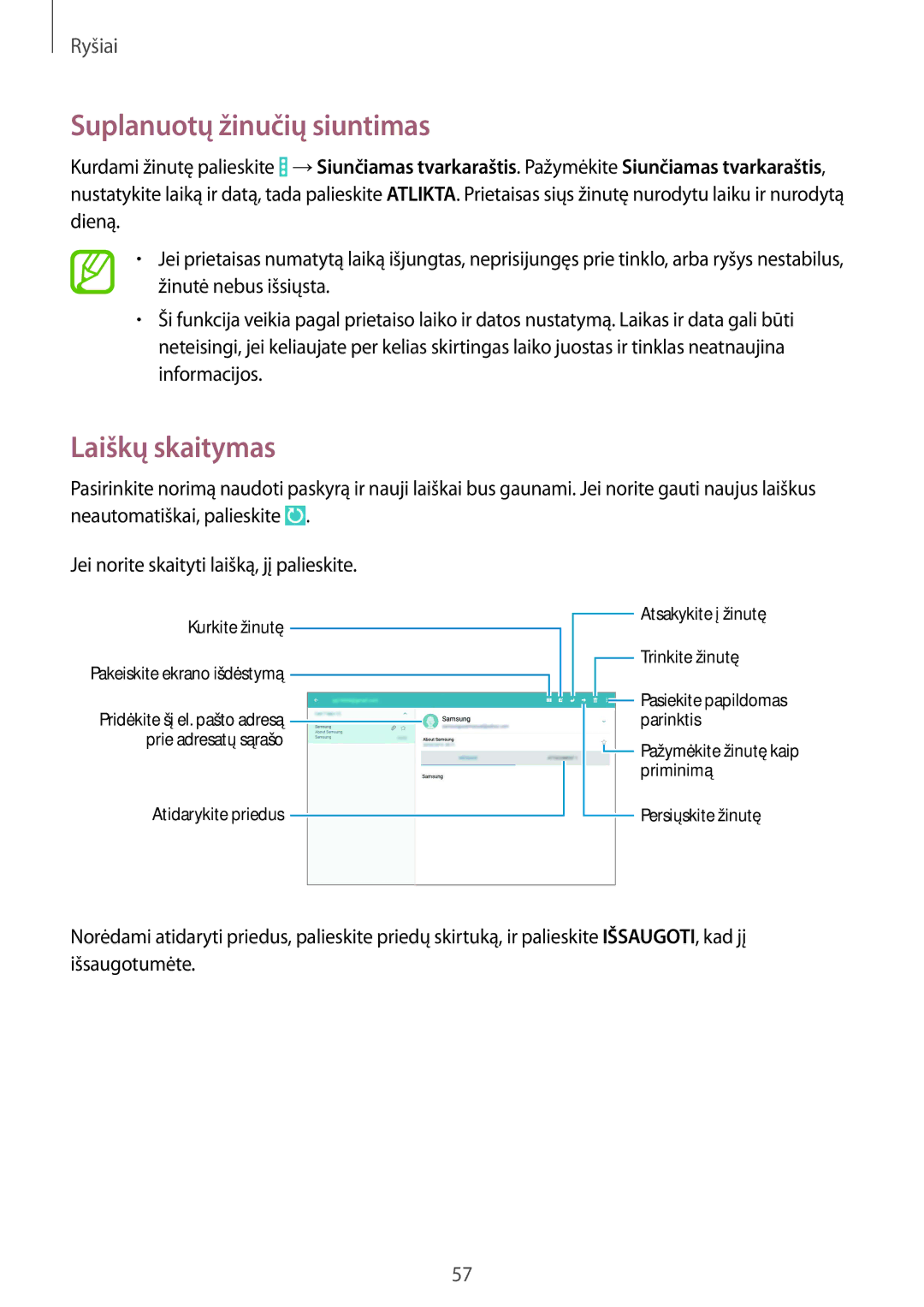 Samsung SM-P9000ZWASEB, SM-P9000ZKASEB manual Suplanuotų žinučių siuntimas, Laiškų skaitymas 