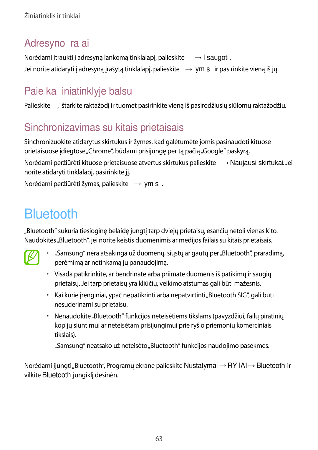 Samsung SM-P9000ZWASEB, SM-P9000ZKASEB manual Bluetooth, Sinchronizavimas su kitais prietaisais 
