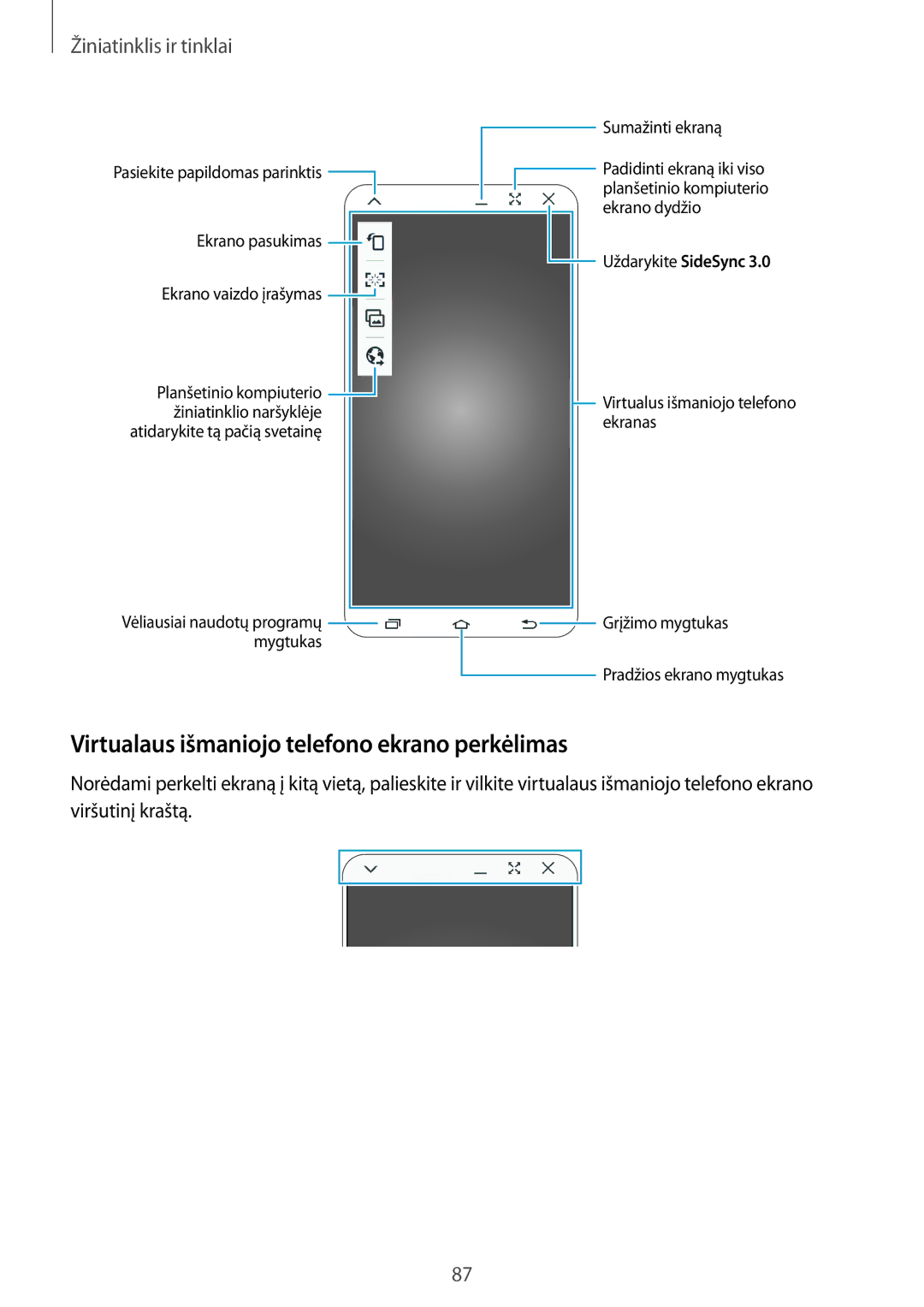 Samsung SM-P9000ZWASEB, SM-P9000ZKASEB manual Virtualaus išmaniojo telefono ekrano perkėlimas 