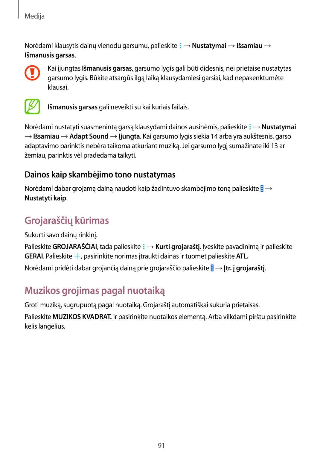 Samsung SM-P9000ZWASEB manual Grojaraščių kūrimas, Muzikos grojimas pagal nuotaiką, Dainos kaip skambėjimo tono nustatymas 